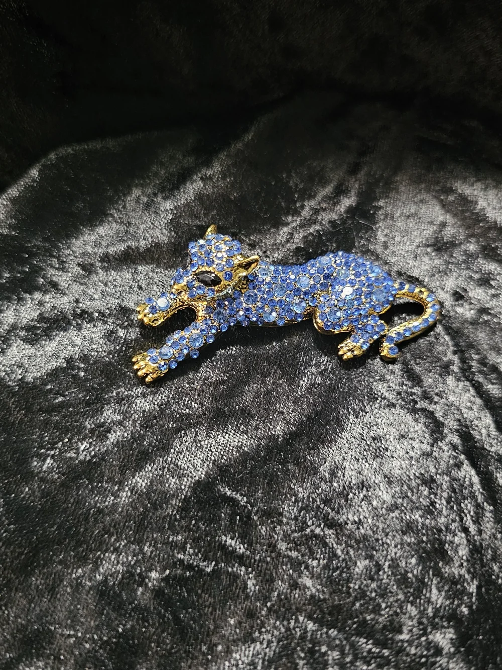 Blue Crystal Panther Brooch with Gold Accents
